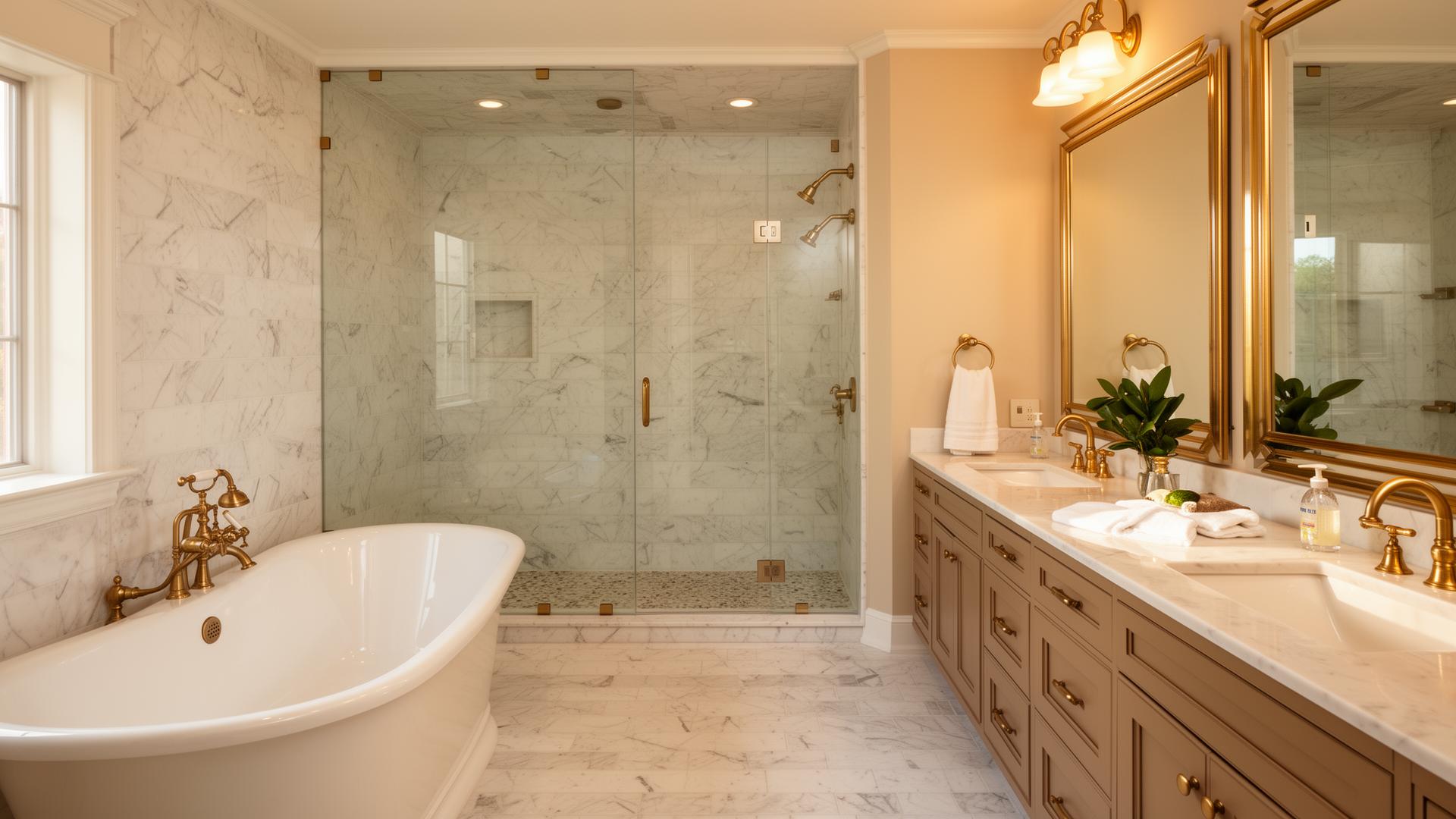 Marble master bathroom remodel with freestanding tub