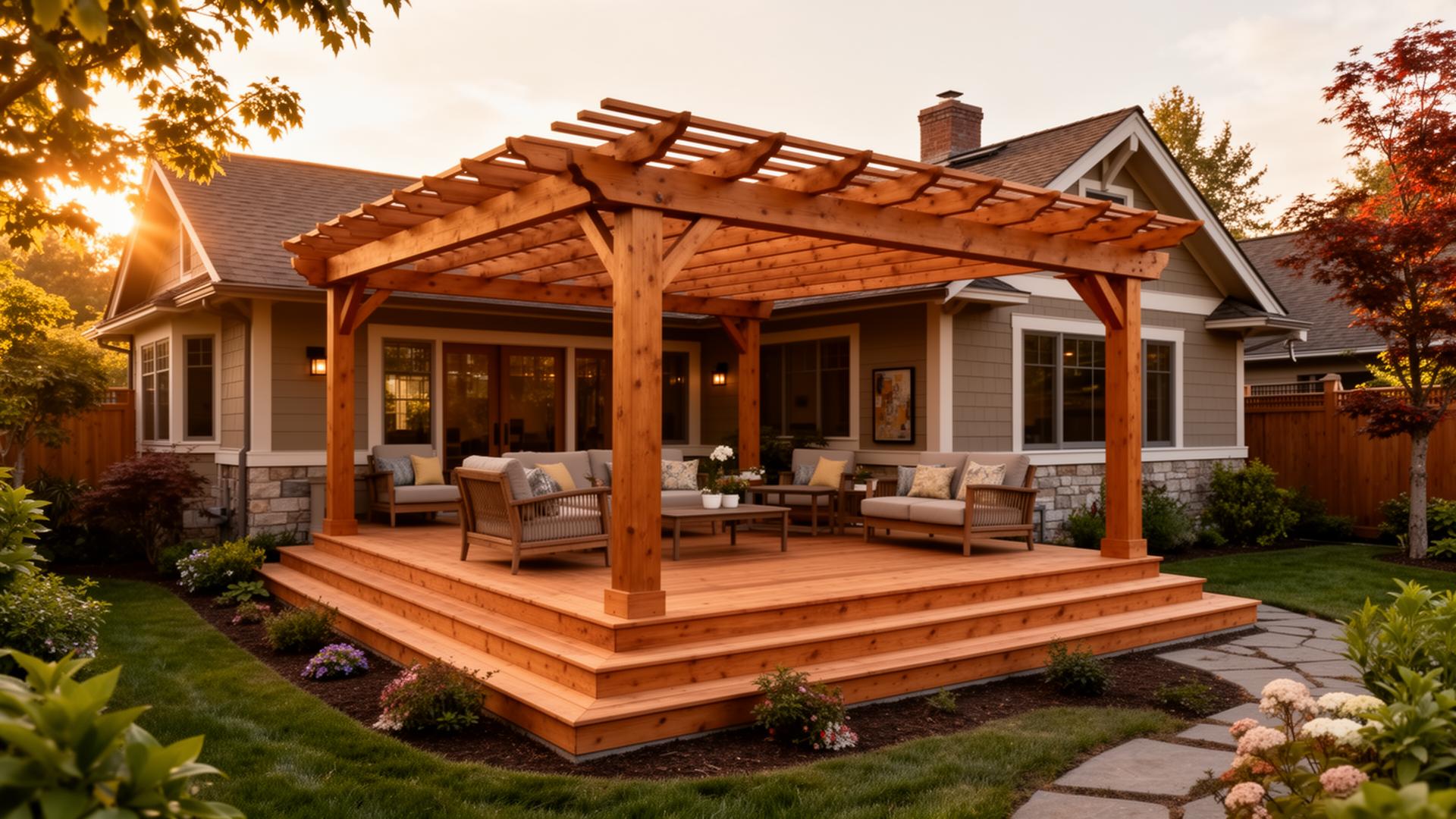Custom cedar deck and pergola on a craftsman home