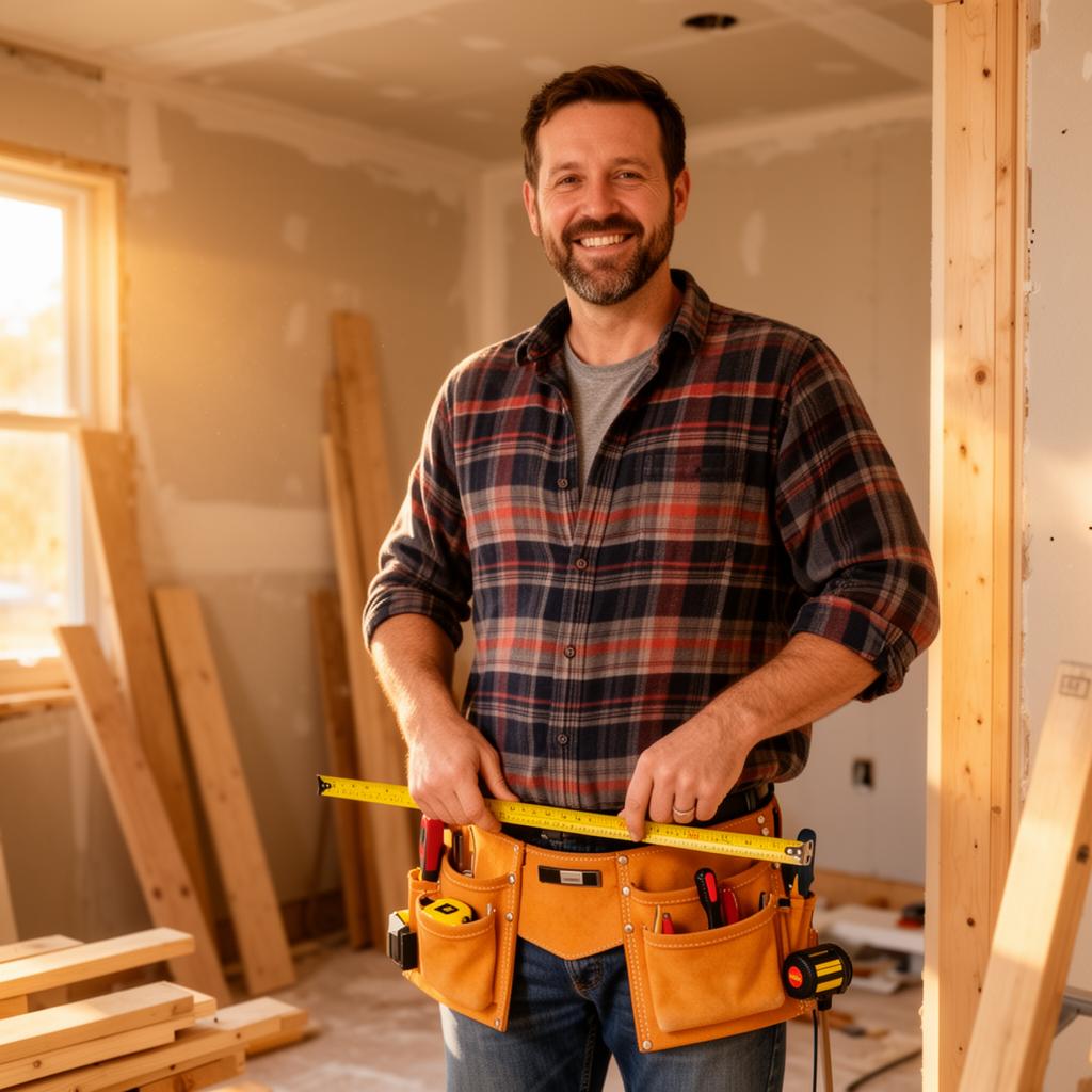 [Owner Name] on a job site with tool belt and tape measure